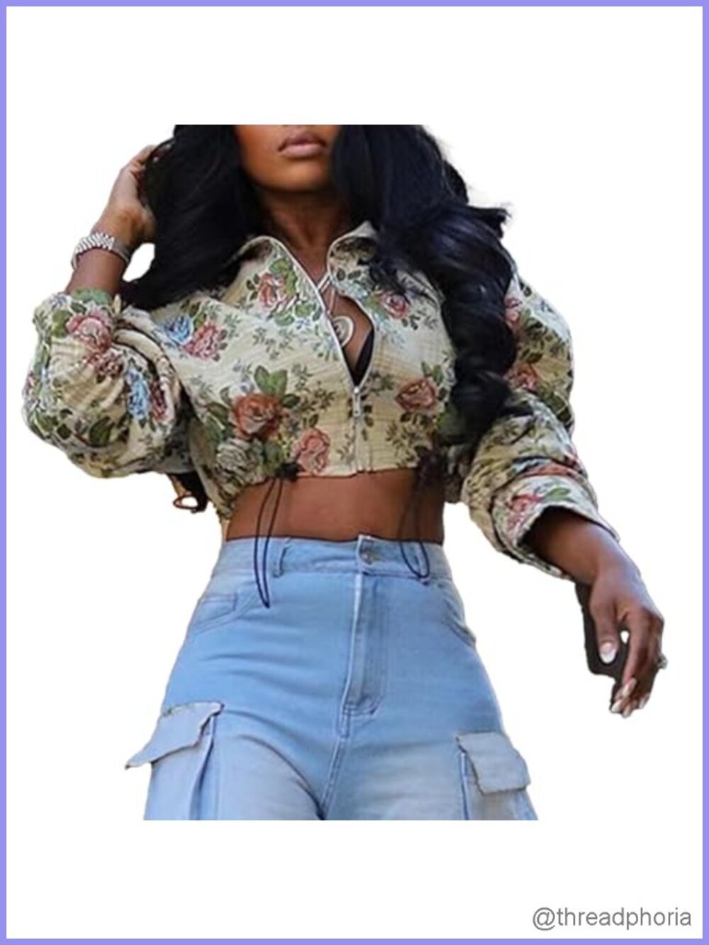 Women's Floral Print Cropped Bomber Jacket Long Sleeve Zipper Vintage Style
